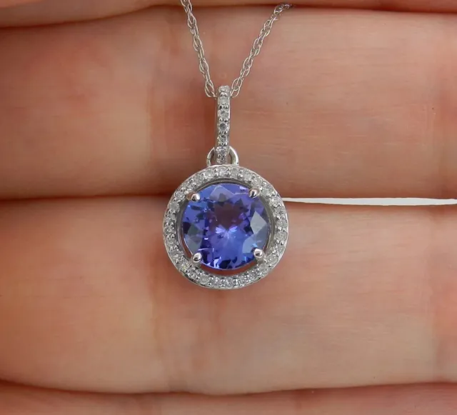 2Ct  Lab-Created Tanzanite Halo Pendant Necklace 18" 14K White Gold Plated Chain