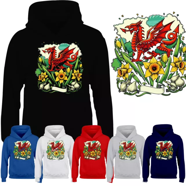 Proudly Welsh St Davids Day Boys Hoodie Daffodil Dragon Gift Girls Kids Hoody