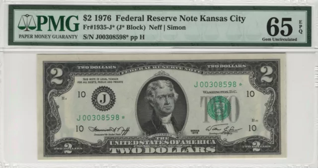 1976 $2 Federal Reserve Star Note Kansas City Fr.1935-J* Pmg Gem Unc 65 Epq