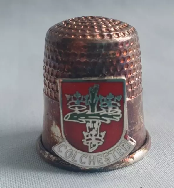 Vintage Metal Thimble with Metal & Enamel Coat of Arms Badge - Colchester