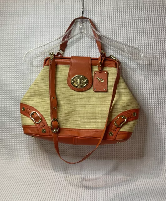 Emma Fox Natural Woven Beige Leather Crossbody Satchel Bag Tangerine Orange