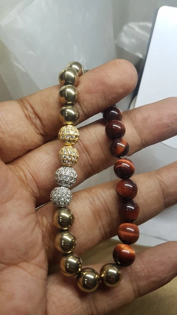 Hematite Tiger's eye & cz micro pave charm Stretchable gemstone Bracelet jewelry