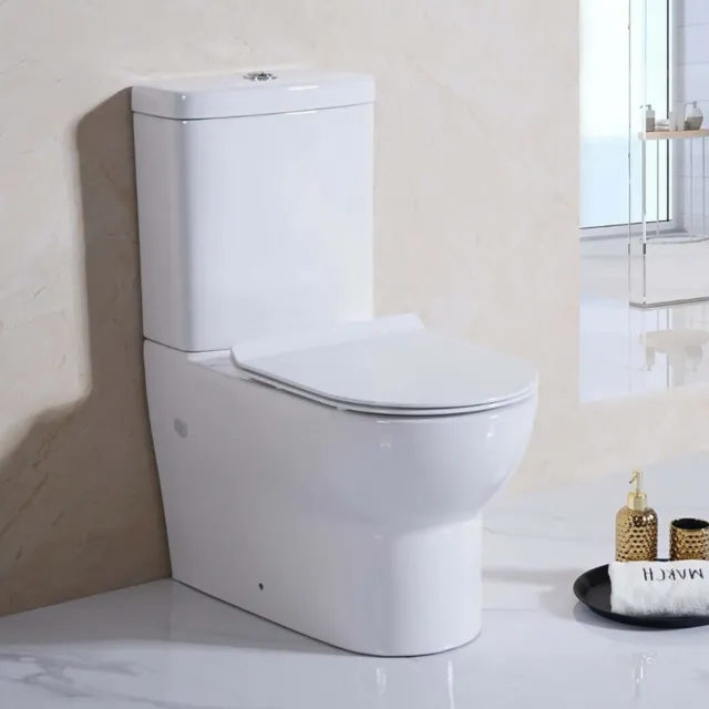 Modern Round Back to Wall Toilet Close Coupled WC White Ceramic Soft Close Seat