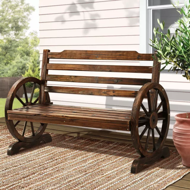 Wagon Wheel Bench Seat Patio Chair Canadian Fir wood Wooden Seat 2-seater Brown