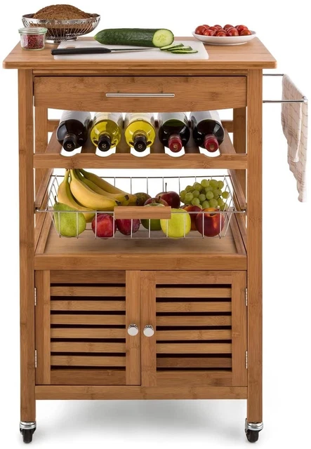 Carro de cocina rodante de madera de bambú carro isla cajón estante de vino gabinete almacenamiento