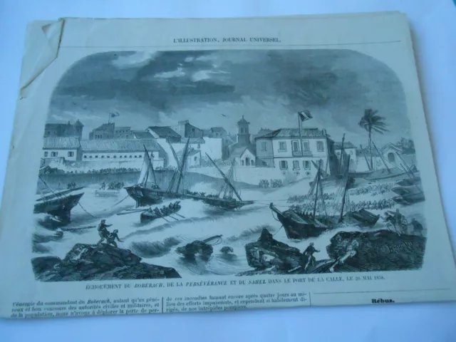 Gravure 1858  - Echouement du Boberach Persévérance et Sahel port de la Calle