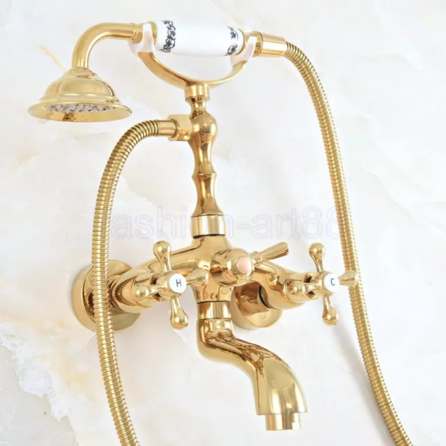 Wall Mount Claw-foot Bathtub Faucet Tub Filler Handheld Shower Gold Brass fna804