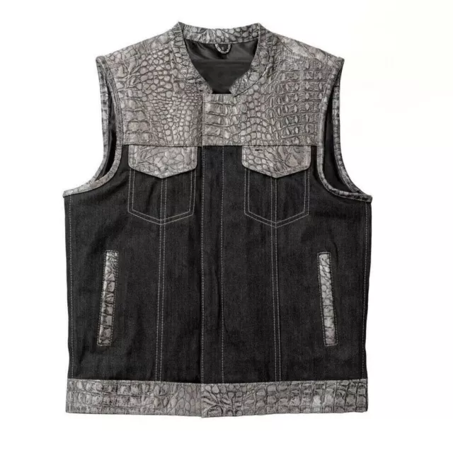 "Black & Gray Leather Denim Vest with Crocodile Embossed Waistcoat"