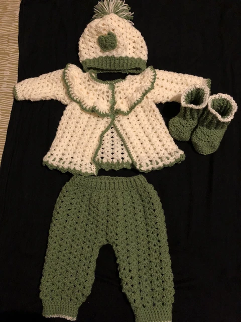 Vêtement Bébé Fille Crocheté Main 0-6 Mois - Laine Verte Et Crème - Fait Main Vintage Neuf