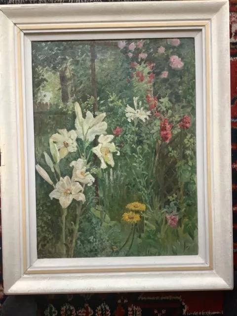 Early to mid 20th century oil painting garden flowers Signed .