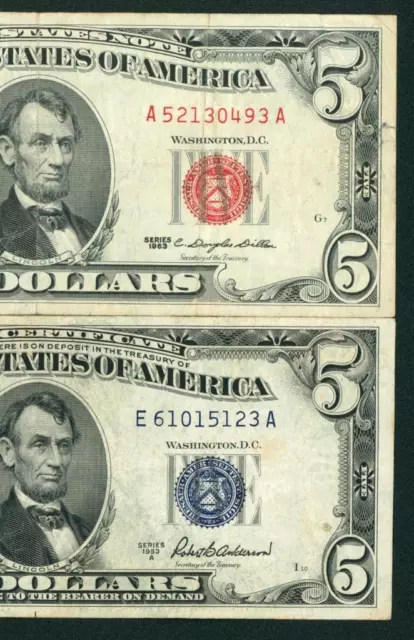 ((TWO NOTES)) $5 1953 / 1963 United States Note / Silver Certificate CURRENCY