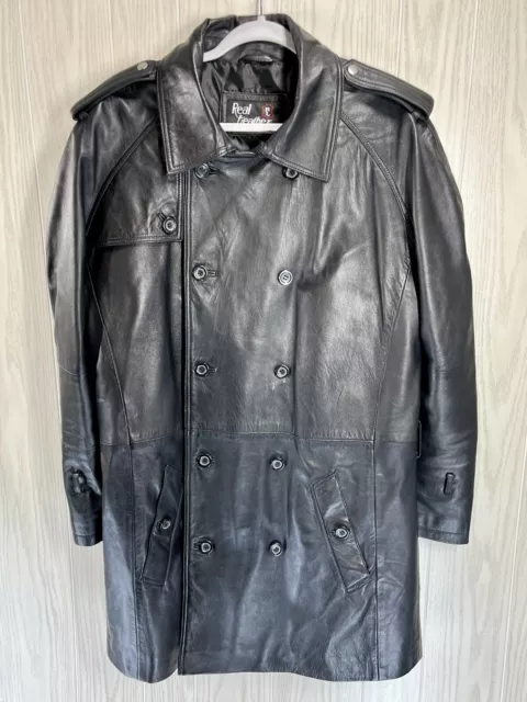 Mens Large Genuine Black Leather Collared Double-Breasted Trench Coat RL