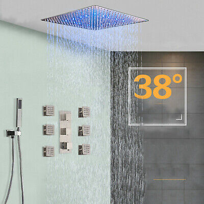 Thermostatic Shower Faucet set Ceil 16"LED Rain Head Massage Jets Brushed Nickel