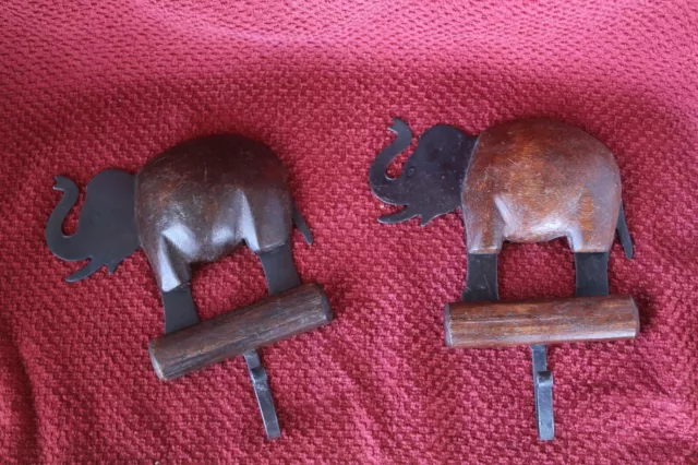 Set Of 2 Vintage Wood Metal Elephant - Hooks - Coat Hook