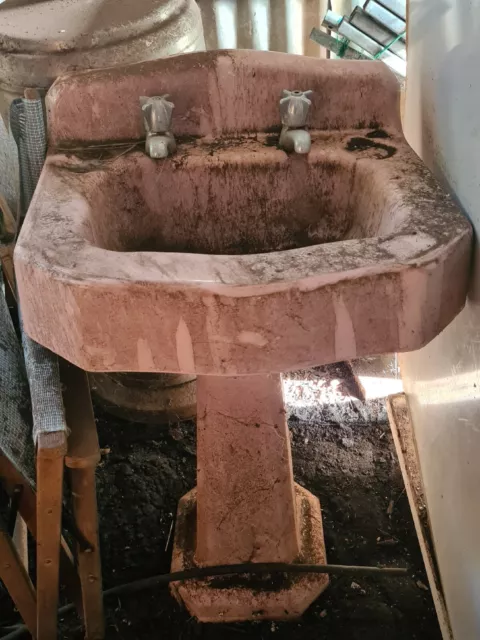 Vintage PINK enamel cast iron pedestal sink basin with taps located GEELONG