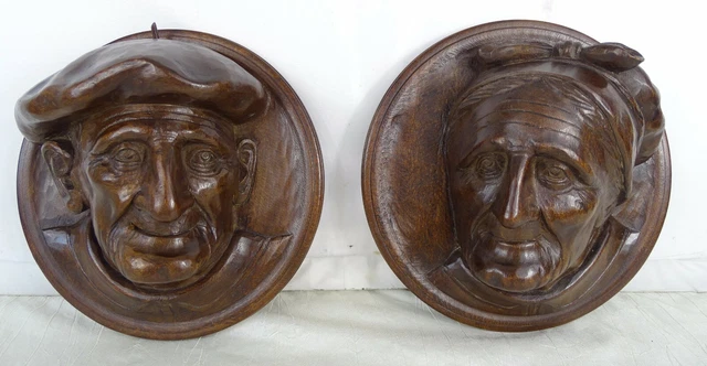 Antique French Hand Carved Wood Sculpture Full Relief - Two Peasants Head's 2