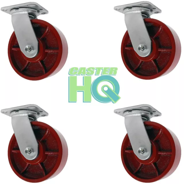 CASTERHQ- 8"x2" Red Ductile Iron / Steel Swivel Caster Set Of 4 - Grease Zerg