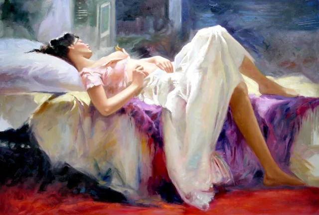 portrait femme endormie tableau peinture huile sur toile / painting on canvas nu