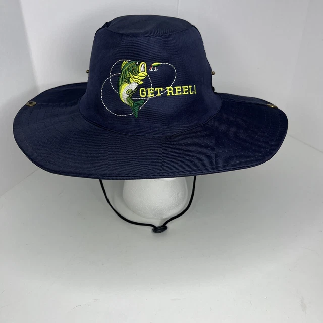 Get Reel Bucket Fishing Hat Navy Mens One Size Mesh Back Snap Brim Drawstring
