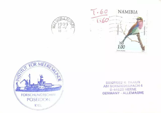 Germany Oceanography cover cachet F.S. Poseidon Kiel c. Walvisbaai/Bay 10.05.99