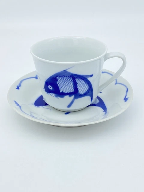 Vintage Blue Koi Fish Teacup Saucer Carp China Porcelain Signed