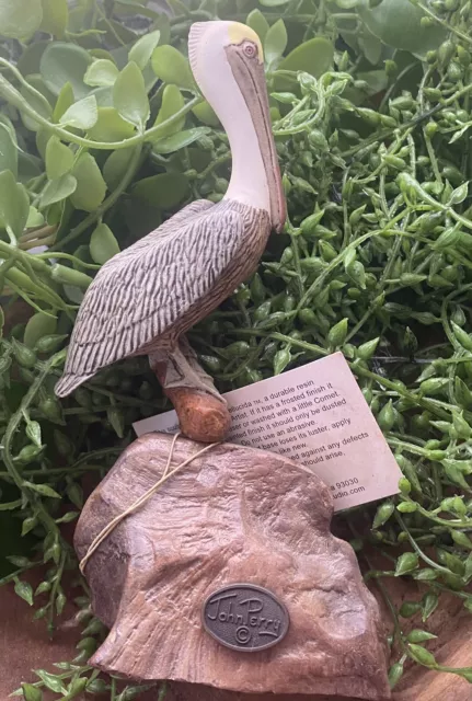 JOHN PERRY Brown Pelican Sculpture Figure on Burl Wood Base