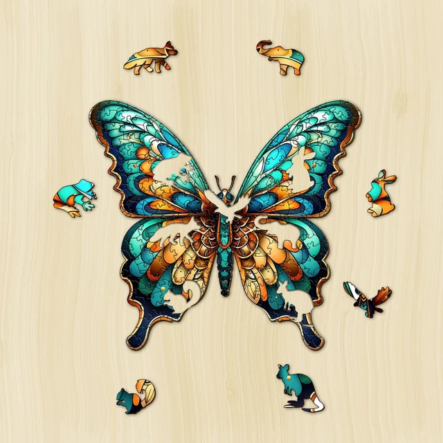 Wooden Jigsaw Puzzle Butterfly Unique Animals Shapes Adults & Kids 11"x11"