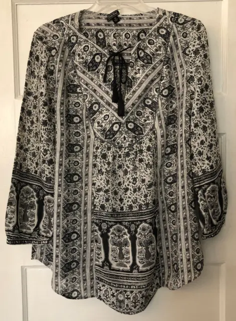 Lucky Brand, Women's Top, Black & White Floral, Size Medium, Peasant, Boho