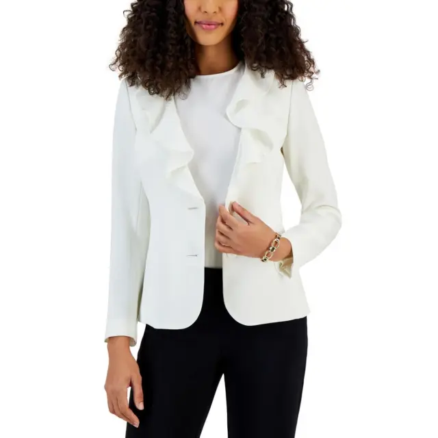Kasper Womens White Office Ruffled Two-Button Blazer Jacket Petites 4P BHFO 8534