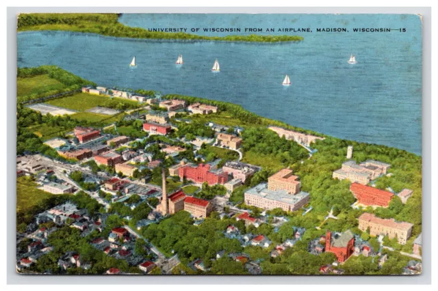 Postcard: WI Airplane View, Lake, University, Madison, Wisconsin - Unposted