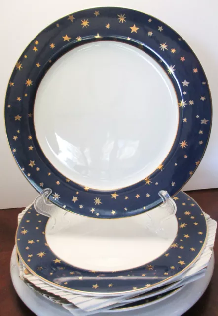 4 Vintage Sakura GALAXY HOLIDAY Porcelain Dinner Plates Blue Band 14k Gold Stars