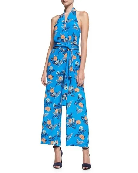 DVF Diane von Furstenberg Blue Floral Silese Tile Jumpsuit Size 12 NEW $468