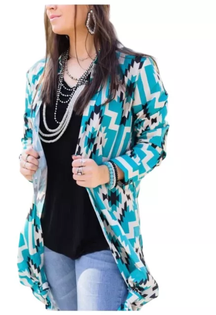 Crazy Train Women Sz M Aztec Duster Jacket Long Cardigan Teal 