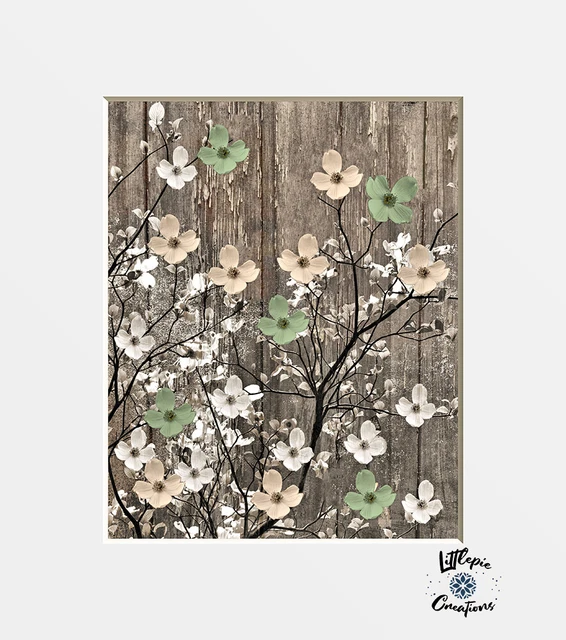 Brown Beige Green Wall Decor, Rustic Decor, Dogwood Flowers Matted Wall Art