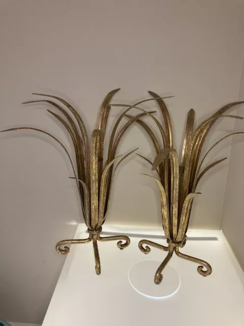 Vintage Pair Wheat Sheaf Gilded Candle Holders Hollywood Regency Florentine MCM