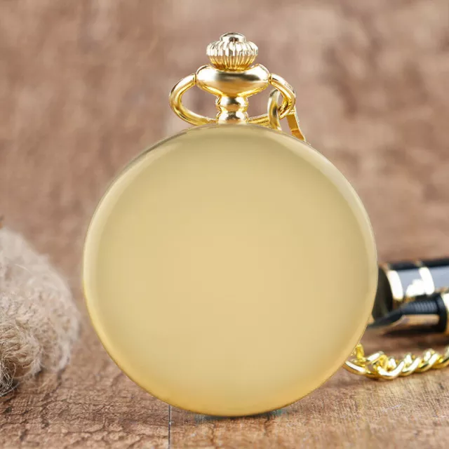 Retro Luxury Gold Smooth Case Mens Quartz Pocket Watch Fob Pendant Chain Gift