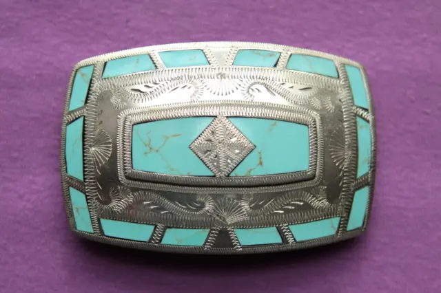 Vintage Johnson Held Turquoise Inlay Hand Made Western Belt Buckle