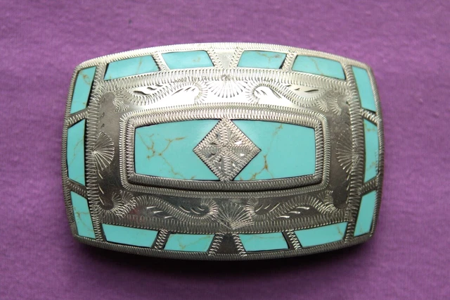 Vintage Johnson Held Turquoise Inlay Hand Made Western Belt Buckle