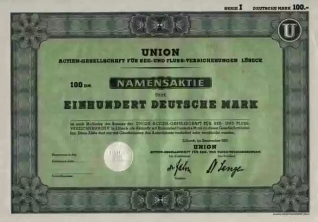 UNION See Fluss Versicherung 1955  Lübeck Stettin Hamburg 100 DM Blankette