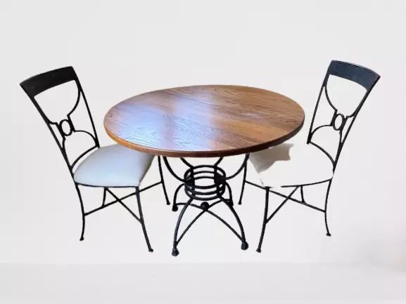 Pennsylvania House Oak Bistro Table and Two Metal Chairs With Padded Cushions Pennsylvania House Oak Bistro Table and Two Metal Chairs With Padded Cushions