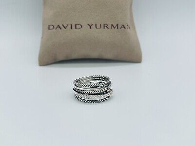David Yurman Sterling Silver 925 Crossover Wide Ring with Pave Diamonds Size 8