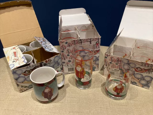 Set Of Four Christmas Glasses, hi-balls, And Mugs (12 Total), In Box