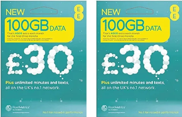 2 x EE Triple Cut Pay As You Go Sim Card - 100GB Data Unlimited Minutes & Texts