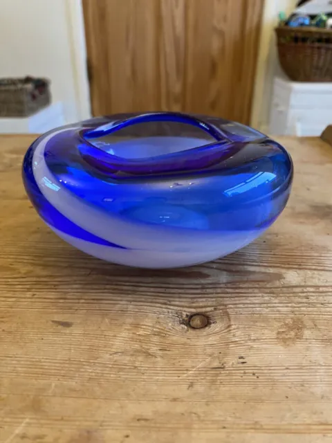 Mount Royal Art Glass MCM Bowl/ Ashtray BLUE WHITE SWIRLS