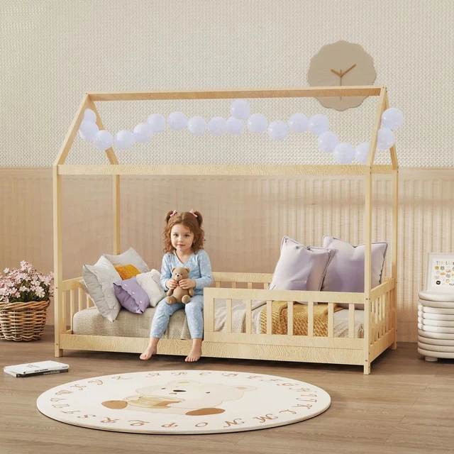 HOUSE-SHAPED KIDS BED Frame with Guard Rails Solid Pine Wood Natural ...
