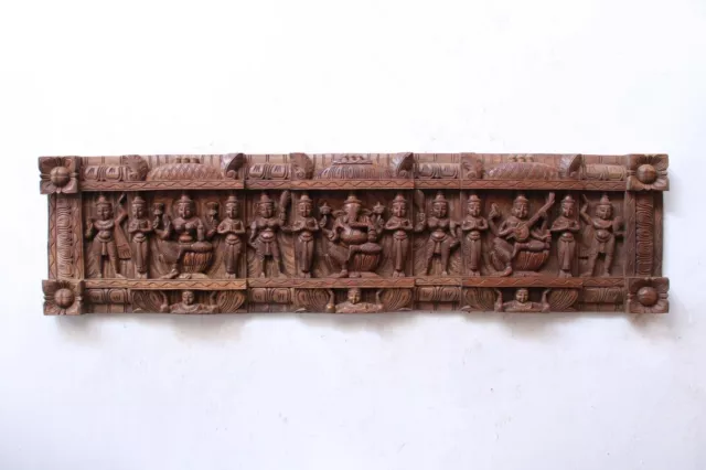 Ganesh Lakshmi Saraswathi Statue Wooden Lintel Wall Panel Hindu Home Decor Gift