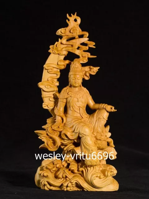 18 cm Chinese Lobular boxwood wood Moon Guanyin kwan-yin Bodhisattva sculpture