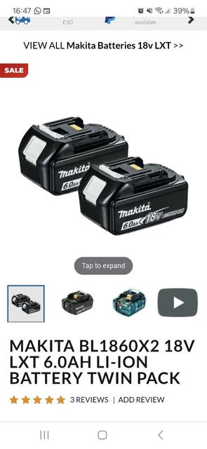 Batterie Makita BL1860B 18V 6.0Ah Li-ion - Originale UK, Pour Outils électriques, Filaire
