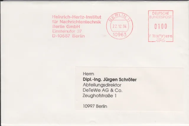 Geschäftsbrief m. Freistempel / AFS Berlin, H. Hertz-Institut Nachrichtentechnik