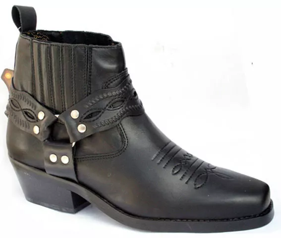 Mens New Genuine Black Leather Western Cowboy Harness Boots - Biker / Line Dance